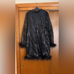 Black Sequin Feather Trim Coat
